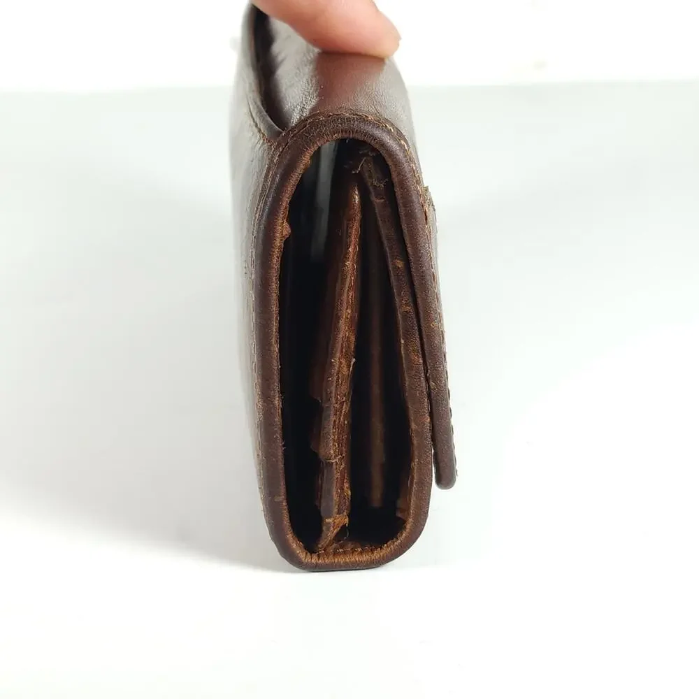Frye Melissa Continental Cognac Brown Distressed Leather Snap Trifold Wallet - Picture 4 of 13